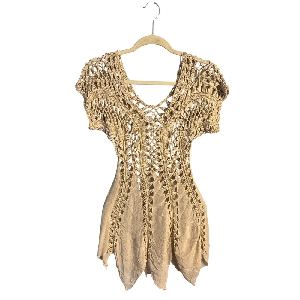 Boho Crochet Knit‎ Handkerchief Hem Tunic Top Tan Beige Fairycore Festival Small - Picture 5 of 5